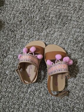 Toddler Pink Pom Pom Brown Strap Sandals